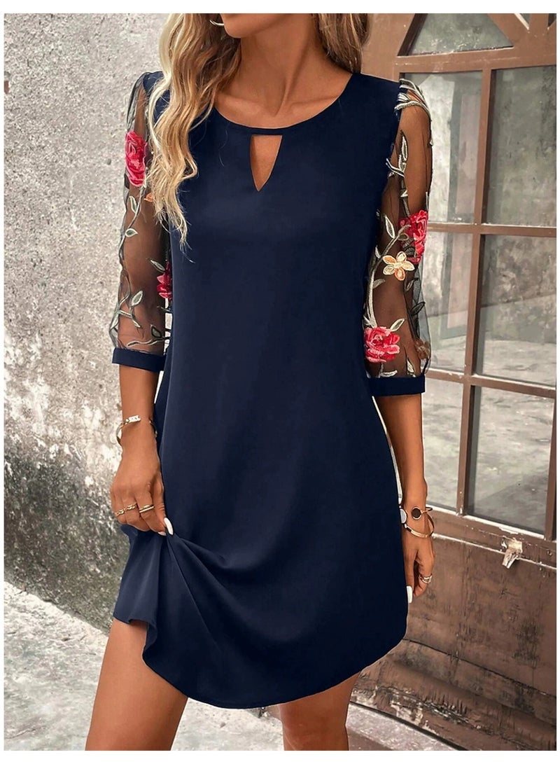 general 2025-2026 Round-neck lace three-quarter sleeve fitted dress with a waistline design - Image 1