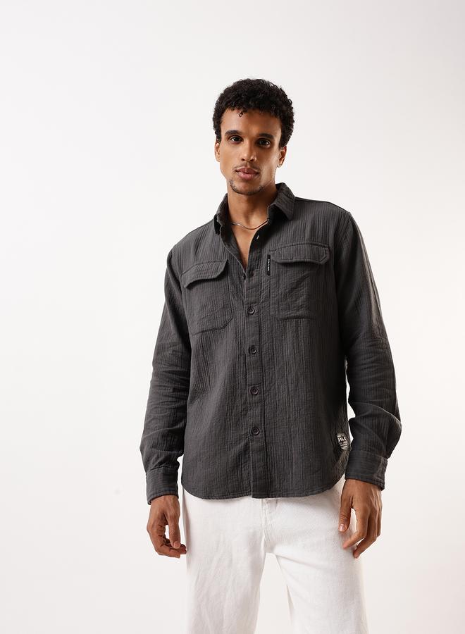 Hubberholme Men's Grey 100% Cotton Self Design Pattern Button Down Relaxed Shirt - Image 1
