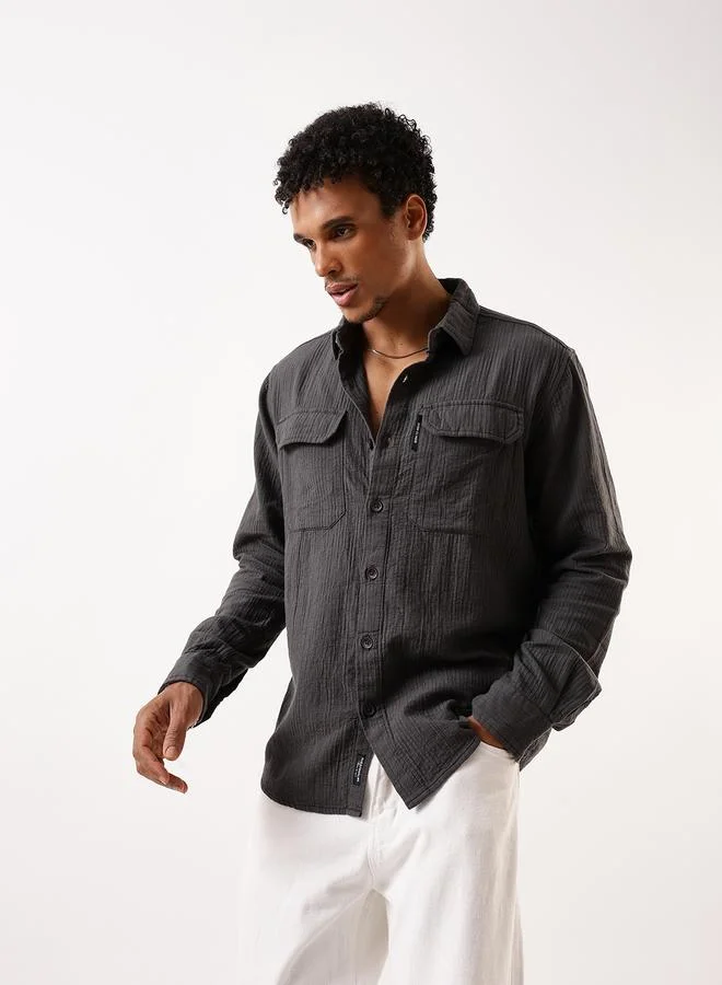 Hubberholme Men's Grey 100% Cotton Self Design Pattern Button Down Relaxed Shirt