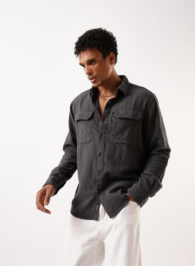 Hubberholme Men's Grey 100% Cotton Self Design Pattern Button Down Relaxed Shirt - Image 4