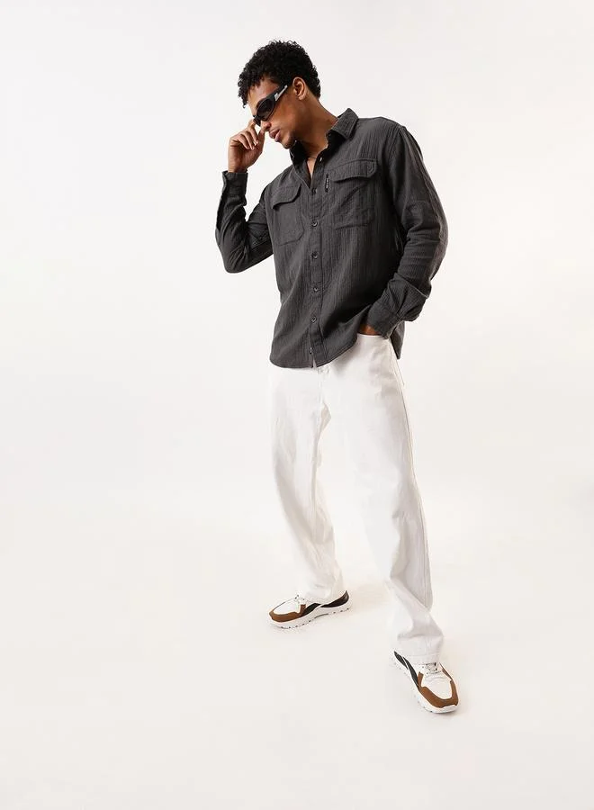Hubberholme Men's Grey 100% Cotton Self Design Pattern Button Down Relaxed Shirt