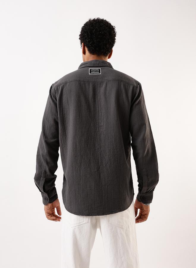 Hubberholme Men's Grey 100% Cotton Self Design Pattern Button Down Relaxed Shirt - Image 5