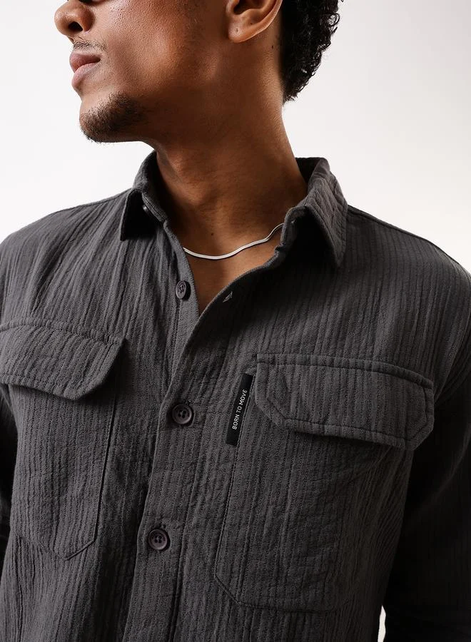 Hubberholme Men's Grey 100% Cotton Self Design Pattern Button Down Relaxed Shirt