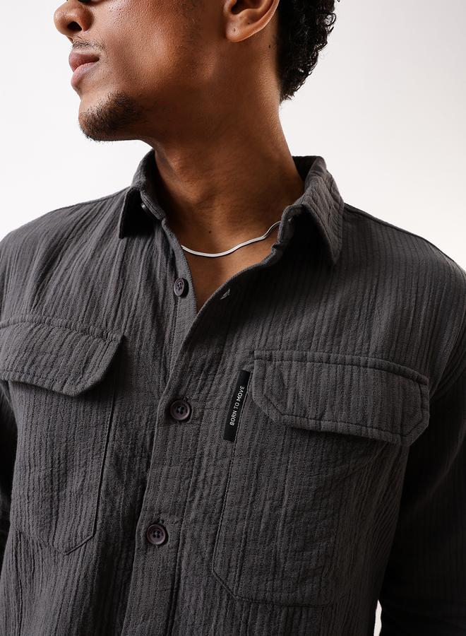 Hubberholme Men's Grey 100% Cotton Self Design Pattern Button Down Relaxed Shirt - Image 3