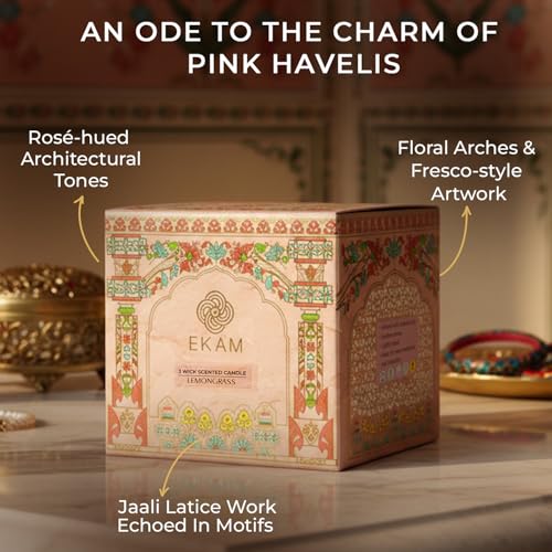 EKAM 2025–26 Festive Fragrance Gift| Scented 3 Wick Candle| Lemongrass | Inspired by Pink Haveli | 28-Hour Burn | Essential Oil Infused | Gift Box for Festive Celebrations, Weddings, Giveaways, etc. - Image 4