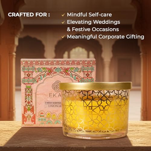 EKAM 2025–26 Festive Fragrance Gift| Scented 3 Wick Candle| Lemongrass | Inspired by Pink Haveli | 28-Hour Burn | Essential Oil Infused | Gift Box for Festive Celebrations, Weddings, Giveaways, etc. - Image 3