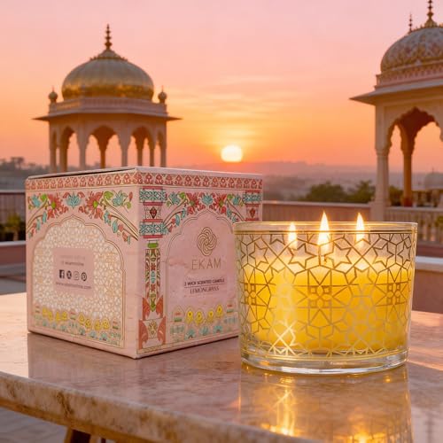 EKAM 2025–26 Festive Fragrance Gift| Scented 3 Wick Candle| Lemongrass | Inspired by Pink Haveli | 28-Hour Burn | Essential Oil Infused | Gift Box for Festive Celebrations, Weddings, Giveaways, etc. - Image 2