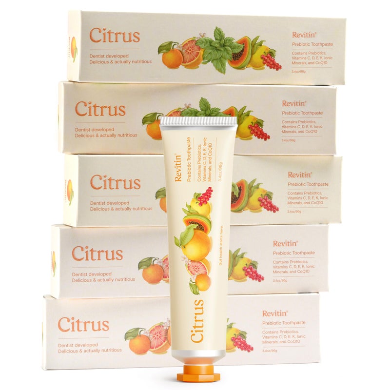 Revitin Toothpaste FluorideFree Prebiotic Citrus Tooth Gel No SLS Gluten Free Dye Free GMO Free No Sweeteners NonToxic Kid Approved Pack of 5 - Image 1