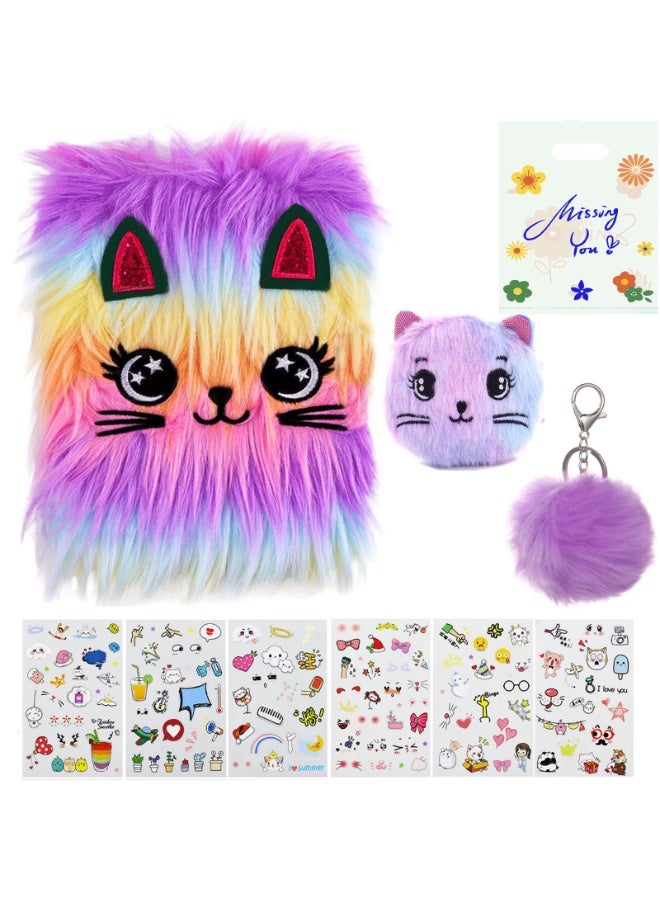 Plush Fuzzy Cat Journal Set with Matching Coin Purse, Keychain Pom-Pom u0026 6 Adorable Stickers - Image 1