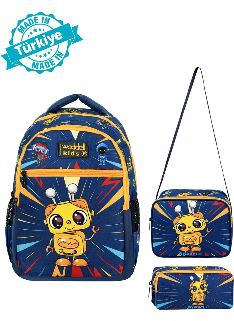 Waddell Licensed Navy Blue-Yellow Robot Patterned School Backpack, Lunch Bag and 2 Pocket Pencil Case