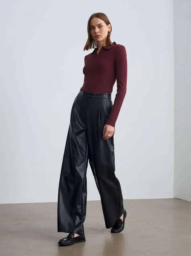 ديلفين Dilvin High-Waist Wide-Leg Faux Leather Trousers