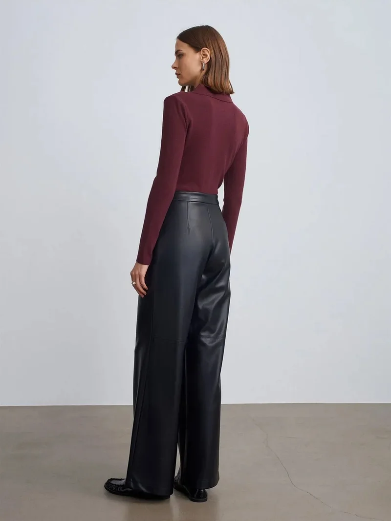 ديلفين Dilvin High-Waist Wide-Leg Faux Leather Trousers