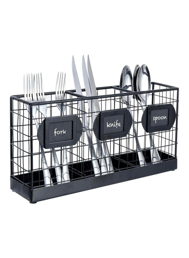 MyGift Wall Mountable Black Metal Utensil Holder Organizer, 15.7" Countertop Kitchen Silverware Flatware Caddy Holder Storage Basket with 3 Compartments and Chalkboard Labels - Image 1