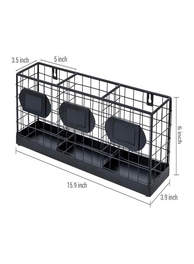 MyGift Wall Mountable Black Metal Utensil Holder Organizer, 15.7" Countertop Kitchen Silverware Flatware Caddy Holder Storage Basket with 3 Compartments and Chalkboard Labels - Image 5
