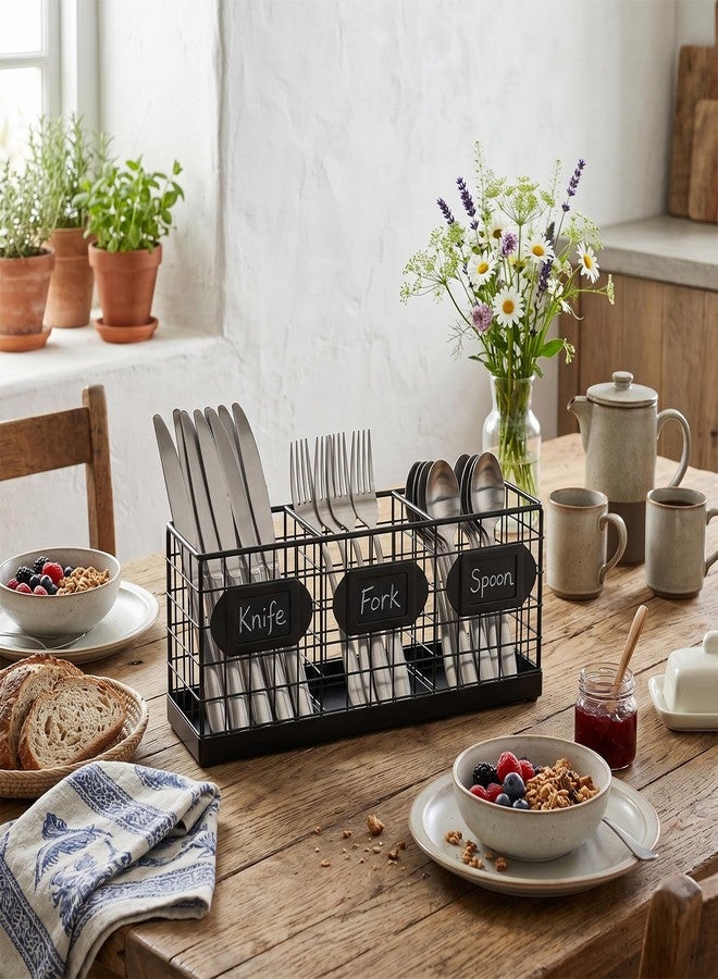 MyGift Wall Mountable Black Metal Utensil Holder Organizer, 15.7" Countertop Kitchen Silverware Flatware Caddy Holder Storage Basket with 3 Compartments and Chalkboard Labels - Image 3