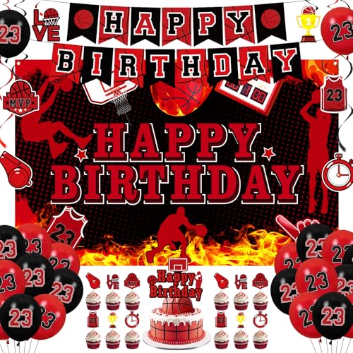 LUUFILx Basketball Party Decorations 51Pcs Black Red Basketball Happy Birthday Banner Balloons Cake Topper Cupcake Toppers Hanging Swirls Kit for Boys Kids Teens Sport Theme Basketball Birthday Party Supplies - Image 1