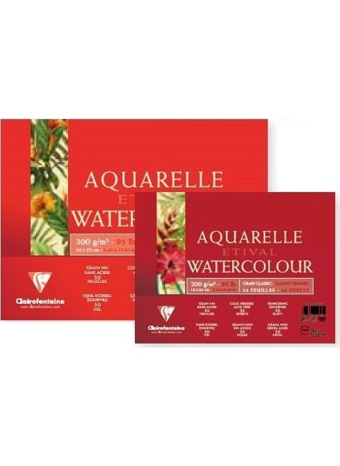 Clairefontaine Etival Classic Watercolor Notebook Block 18X24 cm Adhesive on Long Edge 300 Gr. 30 Sheets 