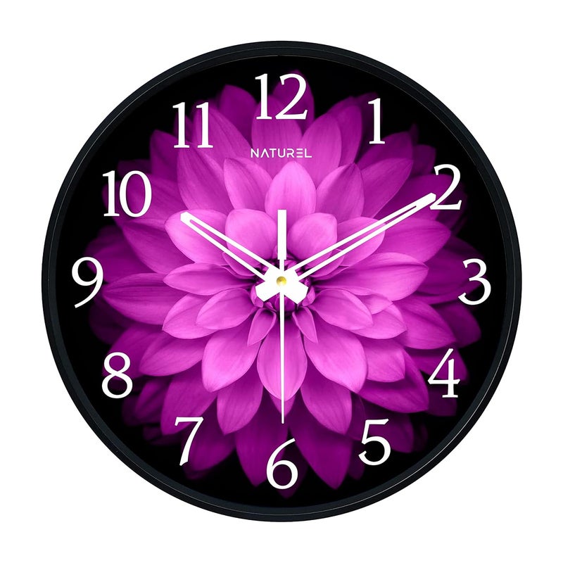 Naturel Round Shape Wall Clock With Plastic And Glass For Home - Black Frame (Pink) - Analog, 24 Cm, 35 Mm - Image 1