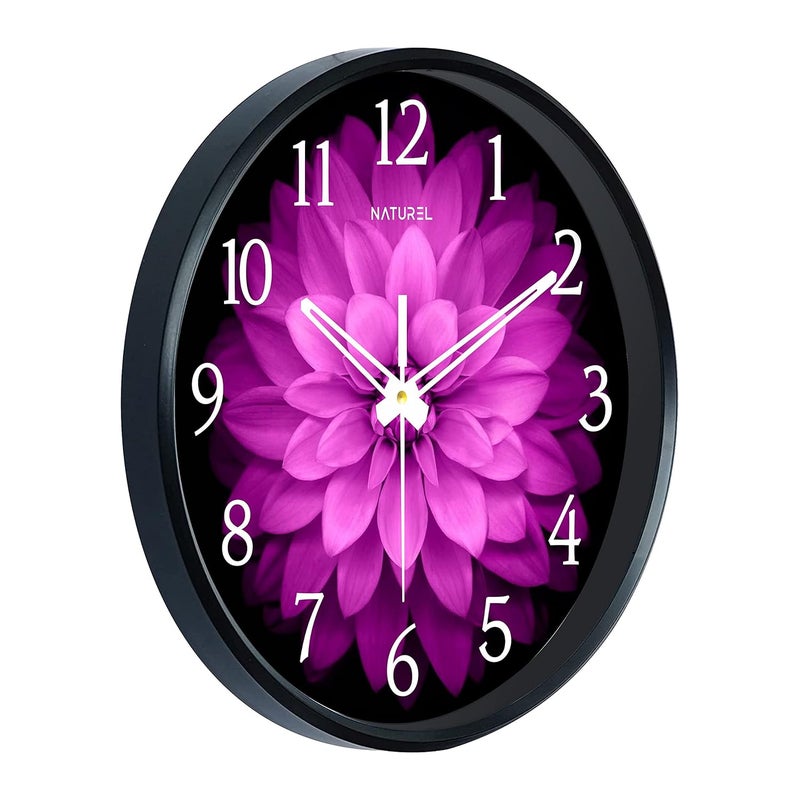 Naturel Round Shape Wall Clock With Plastic And Glass For Home - Black Frame (Pink) - Analog, 24 Cm, 35 Mm - Image 2