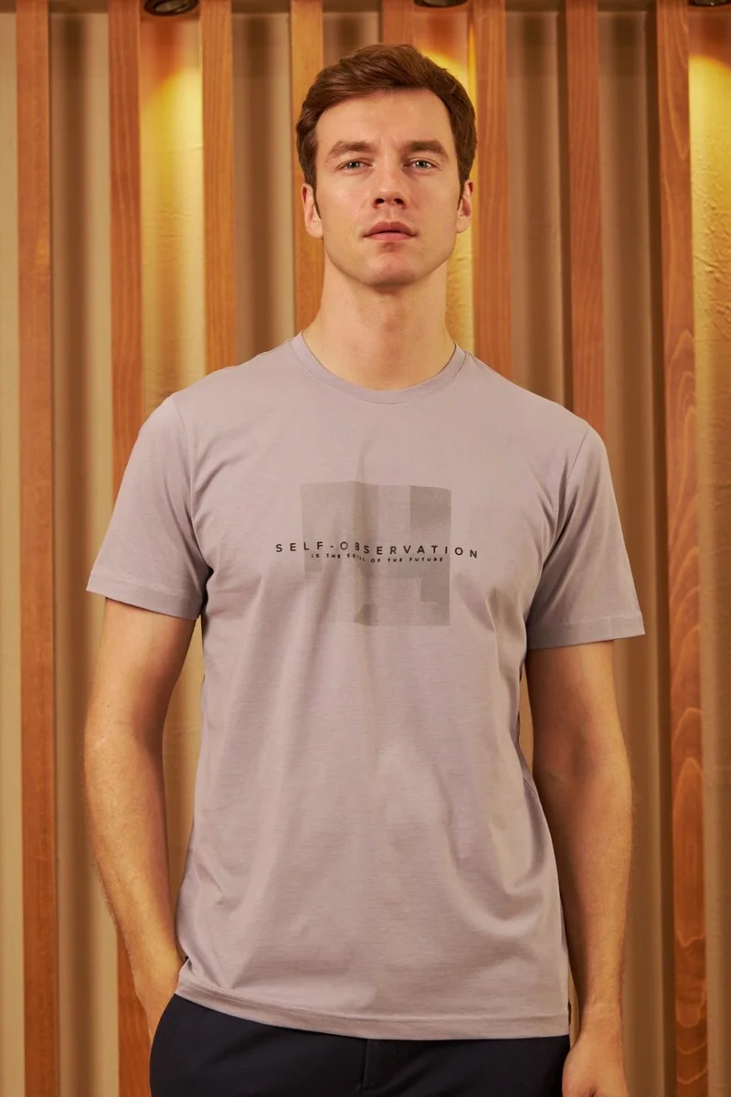 Odelon Men's Comfort Fit Printed Cotton T-Shirt Gray Self Observation MARS11