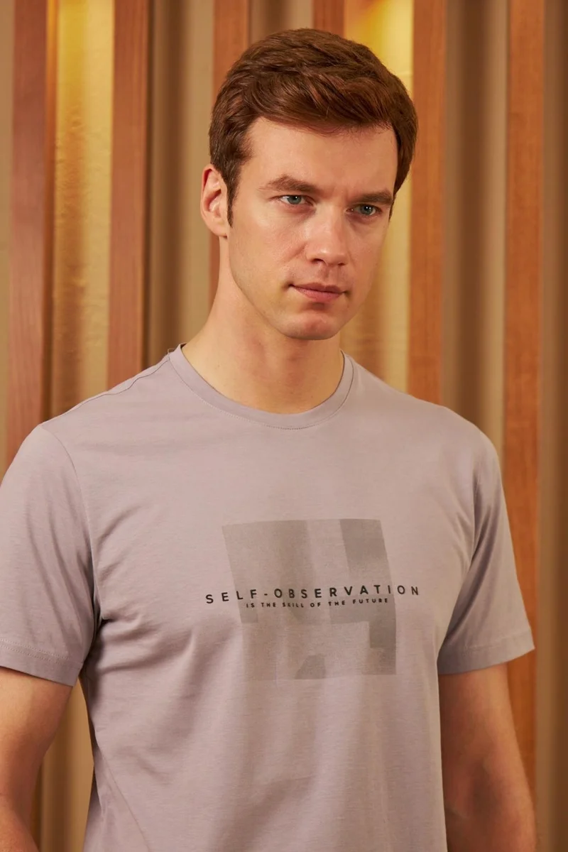 Odelon Men's Comfort Fit Printed Cotton T-Shirt Gray Self Observation MARS11