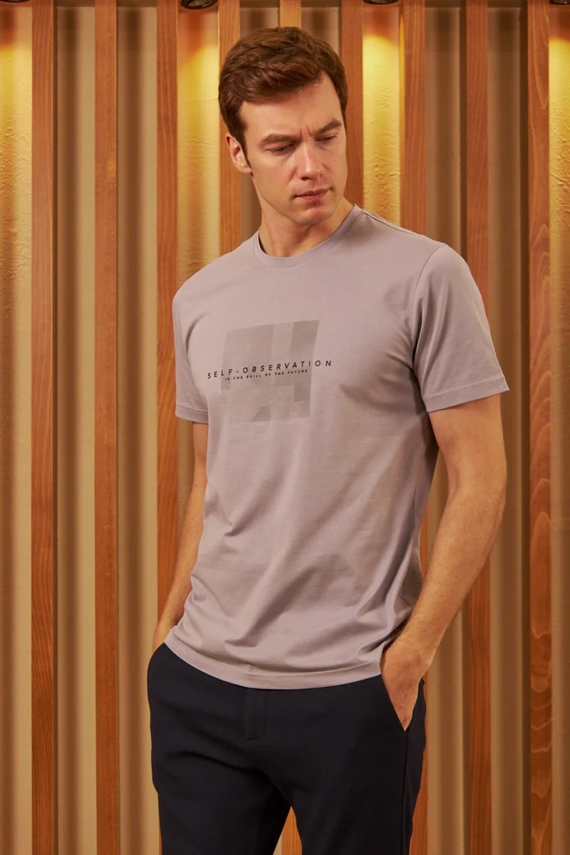 Odelon Men's Comfort Fit Printed Cotton T-Shirt Gray Self Observation MARS11