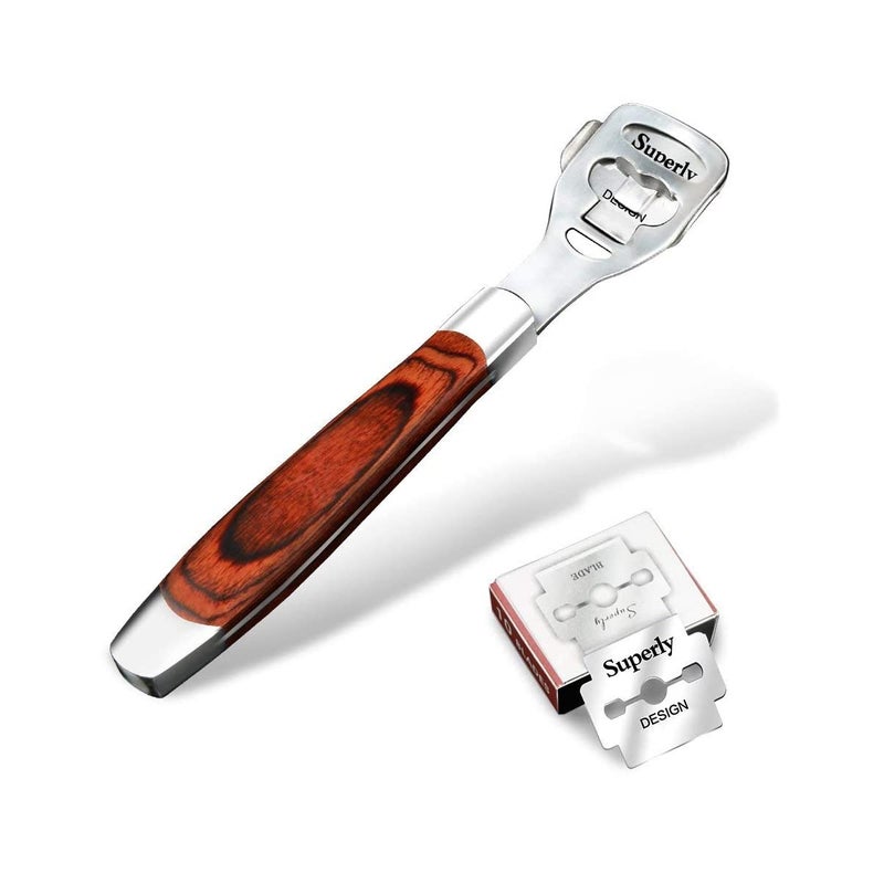 BEINY Stainless Steel Callus Shaver Pedicure Dead Hard Skin Remover Heel Razor Wooden Handle Cutter with Skin Rub & 10 Blades for Foot Care, Removing Solid, Cracked Skin Cells - Image 1
