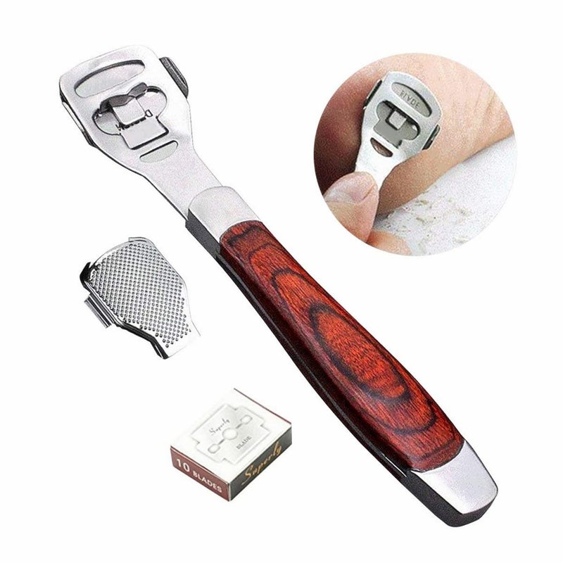 BEINY Stainless Steel Callus Shaver Pedicure Dead Hard Skin Remover Heel Razor Wooden Handle Cutter with Skin Rub & 10 Blades for Foot Care, Removing Solid, Cracked Skin Cells - Image 3