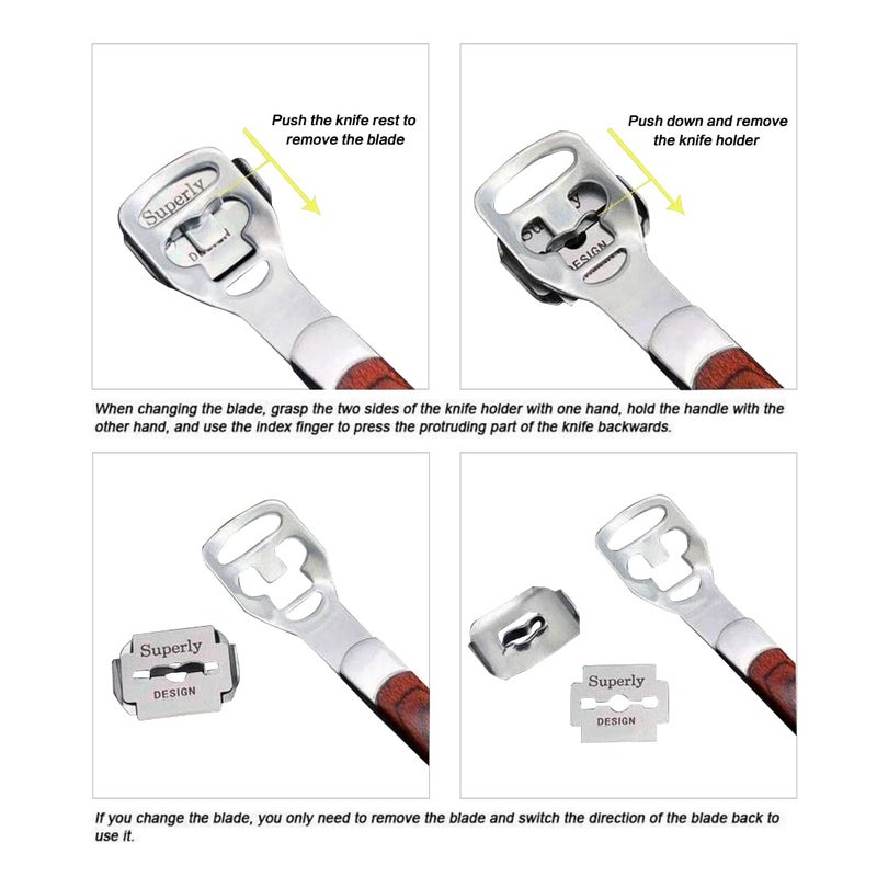 BEINY Stainless Steel Callus Shaver Pedicure Dead Hard Skin Remover Heel Razor Wooden Handle Cutter with Skin Rub & 10 Blades for Foot Care, Removing Solid, Cracked Skin Cells - Image 4