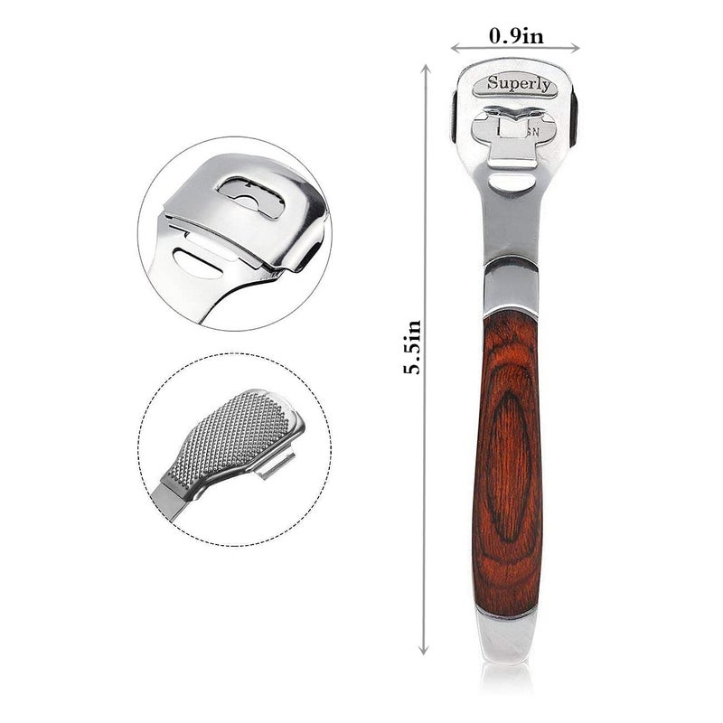 BEINY Stainless Steel Callus Shaver Pedicure Dead Hard Skin Remover Heel Razor Wooden Handle Cutter with Skin Rub & 10 Blades for Foot Care, Removing Solid, Cracked Skin Cells - Image 2