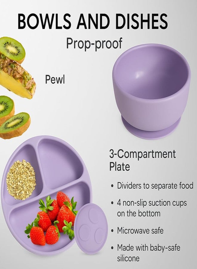 QLECT BPA Free Silicone Baby Feeding Set,Baby Led Weaning Supplies,Eating Essentials Utensils with Suction Plate & Bowl,Pocket Bib,Sippy Cup with Lid,Forks Spoons for Baby&Toddler 6+ Months,Lavender - Image 3
