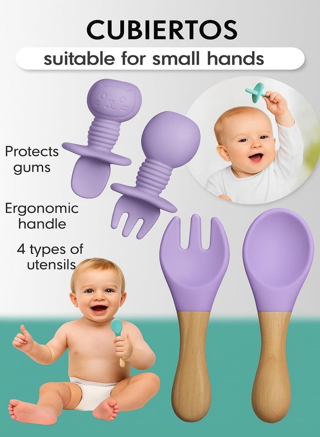 QLECT BPA Free Silicone Baby Feeding Set,Baby Led Weaning Supplies,Eating Essentials Utensils with Suction Plate & Bowl,Pocket Bib,Sippy Cup with Lid,Forks Spoons for Baby&Toddler 6+ Months,Lavender - Image 4