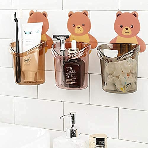 Dhruheer Multipurpose ABS Plastic Strong Adhesive Sticker Teddy Bear Toothbrush Holder Cup Wall Mount Teddy Bear Toothbrush Holder Case for Bathroom Kitchen Assorted 3 - Image 1