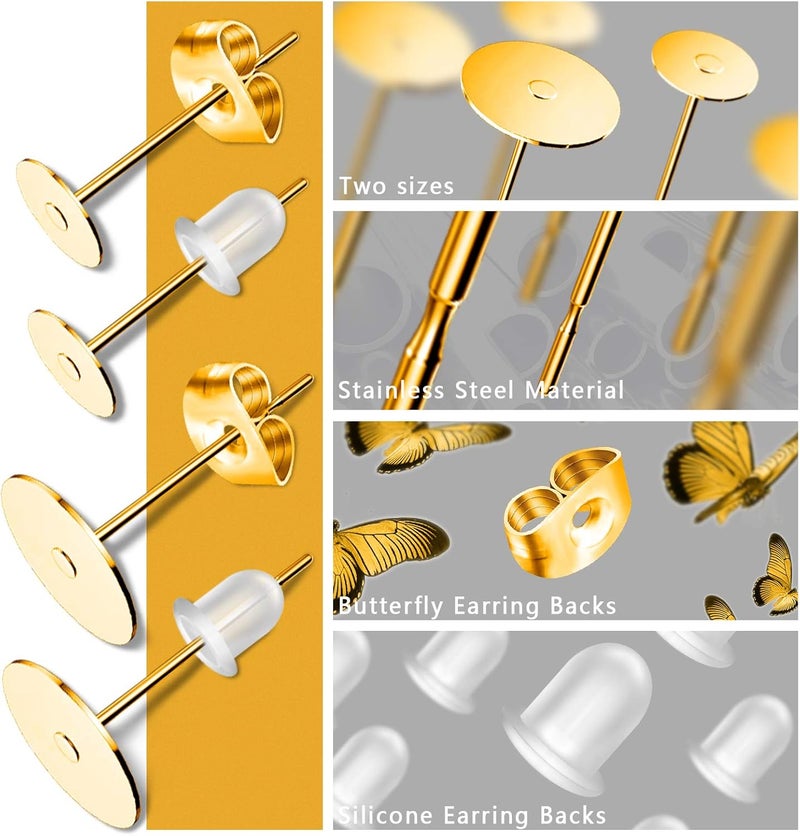 VERACT Gold Earring Posts and Backs, 500Pcs Hypoallergenic Earring Studs for Jewelry Making with Butterfly Earring Backs and Rubber Bullet Earring Backs (4mm, 6mm) - Image 3
