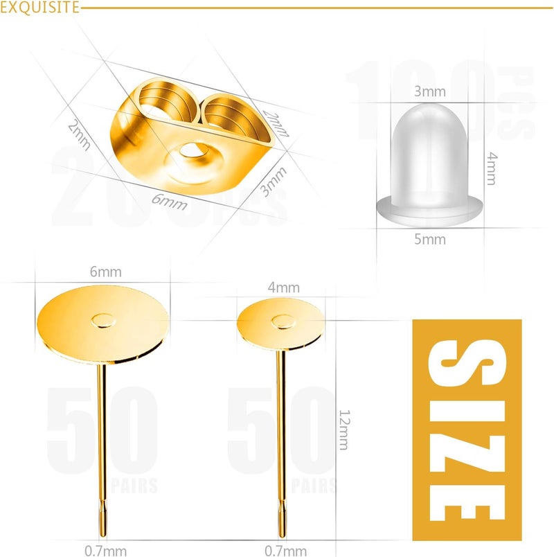 VERACT Gold Earring Posts and Backs, 500Pcs Hypoallergenic Earring Studs for Jewelry Making with Butterfly Earring Backs and Rubber Bullet Earring Backs (4mm, 6mm) - Image 2