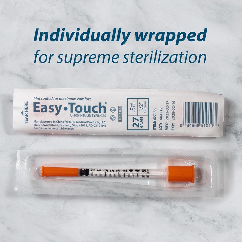 EasyTouch Individually Wrapped U-100 Syringes (27G 0.5cc 1/2" (12.7mm)) - Image 2
