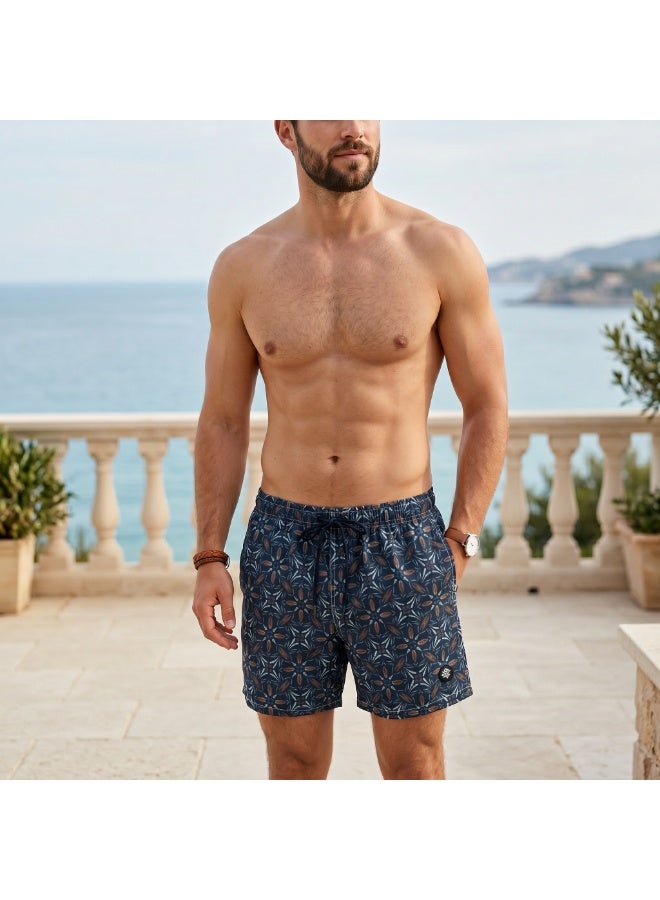 IceZone Men's Swim Trunks, Mosaic Marine Navy Print, Quick Dry Beach Shorts with Mesh Lining & Drawstring - Image 1