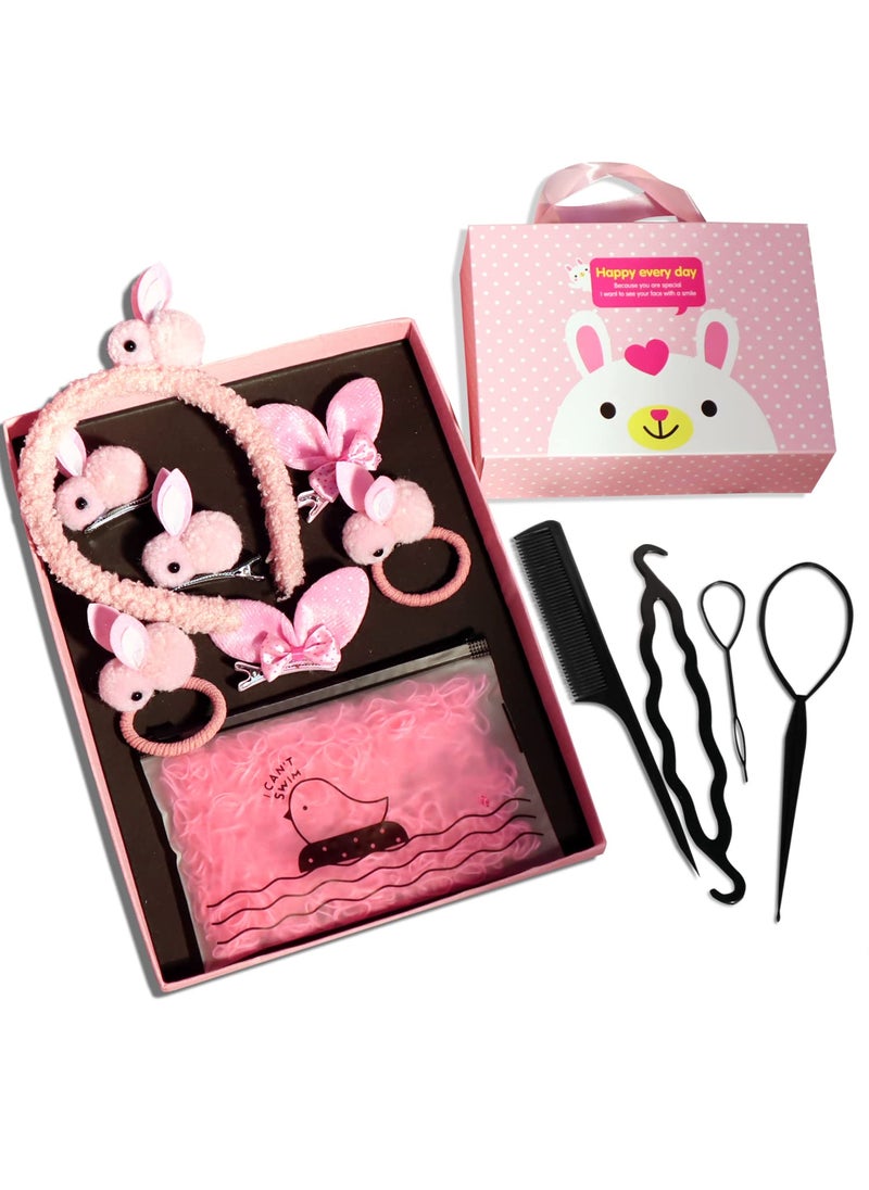 YANRONG - Lovely Simulation Rabbit Hair Accessories Set  Hair Ties Scrunchies Ponytail Holders Hair Clips Headbands for Girls and Baby  1011PCS Pink - Image 1