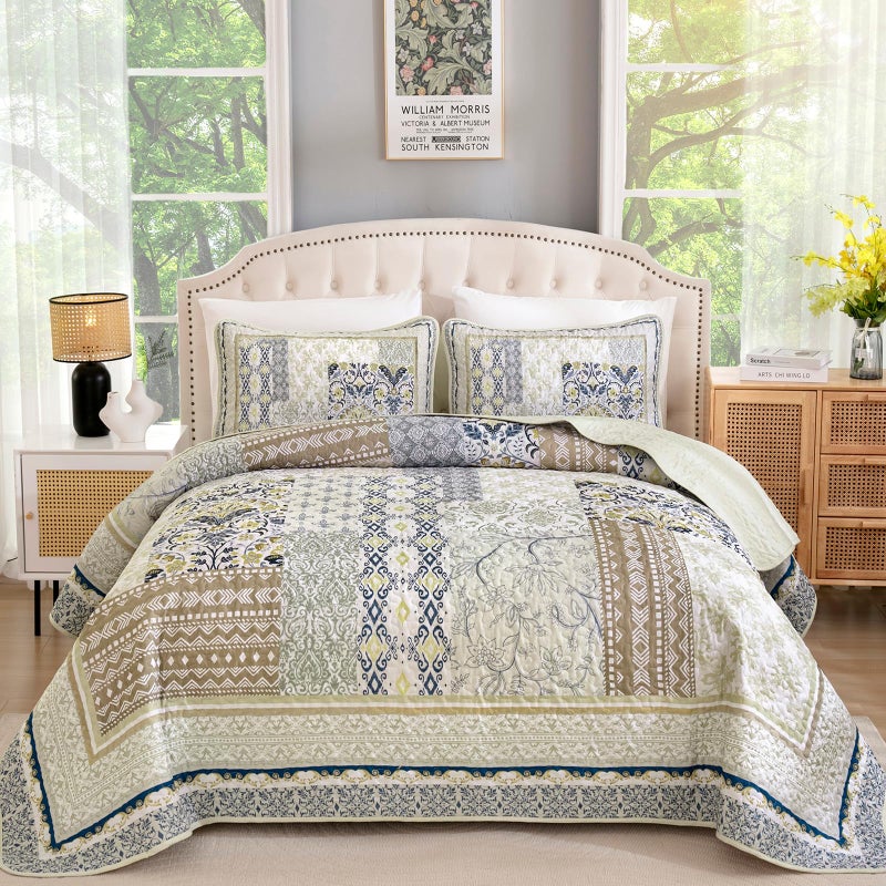 WONGS BEDDING Boho Quilt Set Queen, 3 Pieces Beige Patchwork Bedspread Coverlet Set,Soft Lightweight Microfiber Bohemian Floral Pattern Bedding Set for All Season (96"X90") - Image 1