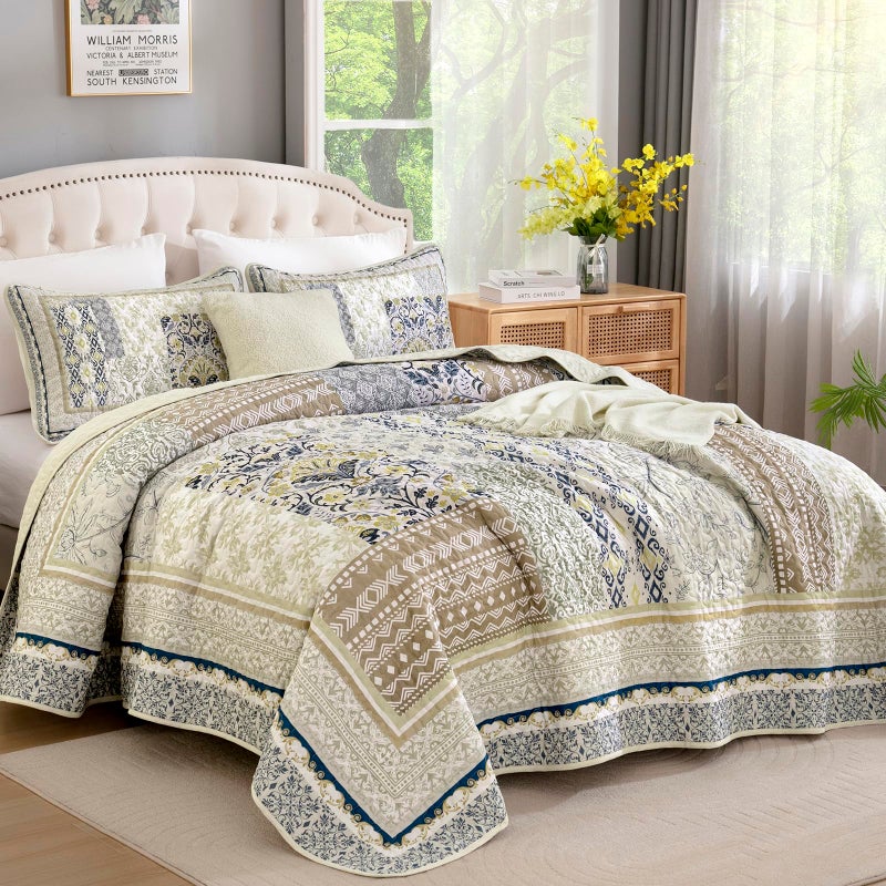 WONGS BEDDING Boho Quilt Set Queen, 3 Pieces Beige Patchwork Bedspread Coverlet Set,Soft Lightweight Microfiber Bohemian Floral Pattern Bedding Set for All Season (96"X90") - Image 2
