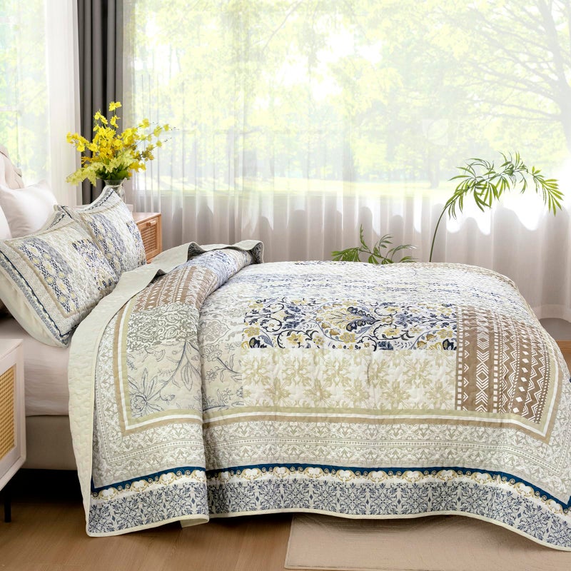 WONGS BEDDING Boho Quilt Set Queen, 3 Pieces Beige Patchwork Bedspread Coverlet Set,Soft Lightweight Microfiber Bohemian Floral Pattern Bedding Set for All Season (96"X90") - Image 3