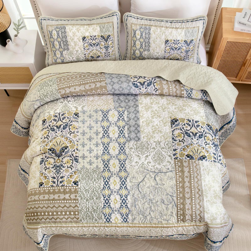 WONGS BEDDING Boho Quilt Set Queen, 3 Pieces Beige Patchwork Bedspread Coverlet Set,Soft Lightweight Microfiber Bohemian Floral Pattern Bedding Set for All Season (96"X90") - Image 4