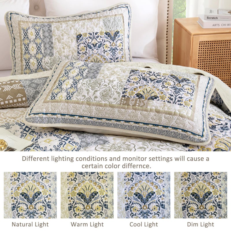 WONGS BEDDING Boho Quilt Set Queen, 3 Pieces Beige Patchwork Bedspread Coverlet Set,Soft Lightweight Microfiber Bohemian Floral Pattern Bedding Set for All Season (96"X90") - Image 5
