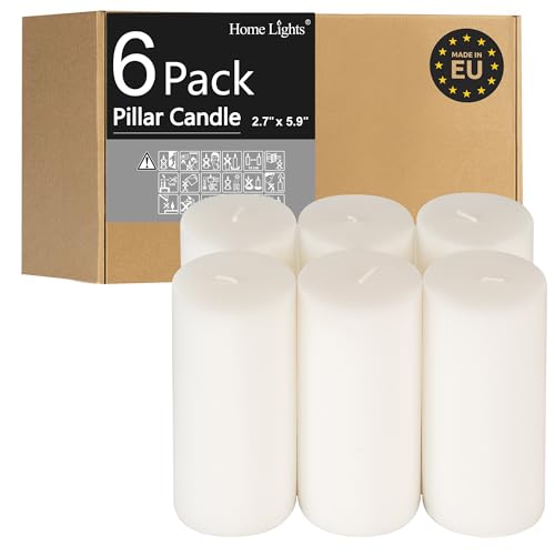 Home Lights HomeLights Pillar Candles - 2.7x6 inch | 60 Hours Burning, 6 Count - White Unscented Smokeless European Pillar Candles - Perfect for Wedding, Parties, Spas, Home Gatherings and Dinner - Image 1