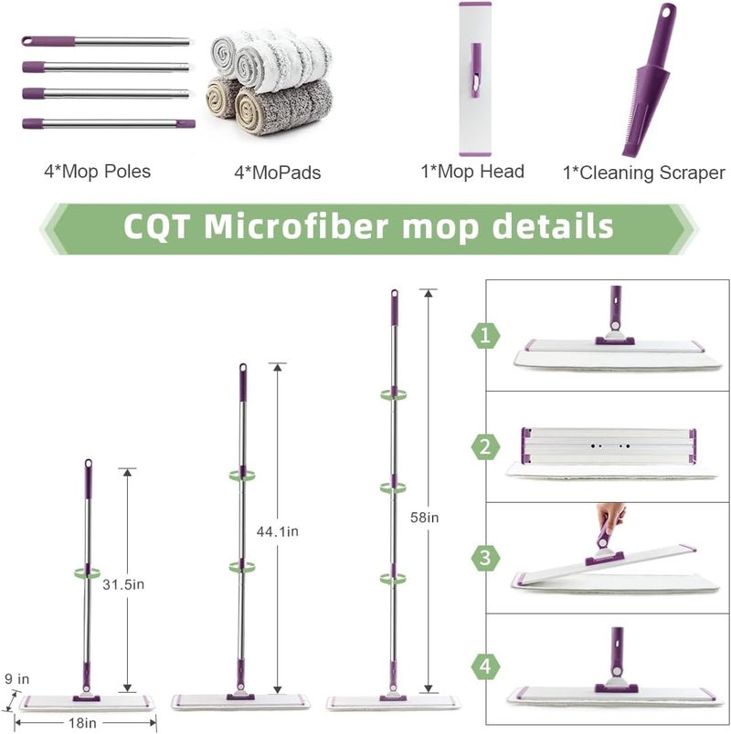 CQT Commercial Flat Microfiber Floor Mop Cleaning System 18" Inch Wet Dry and Dust Hardwood with 4 Washable Pads Cleaner for Laminate Tile Stainless Steel Handle and Extension (PT13-WET) - Image 3