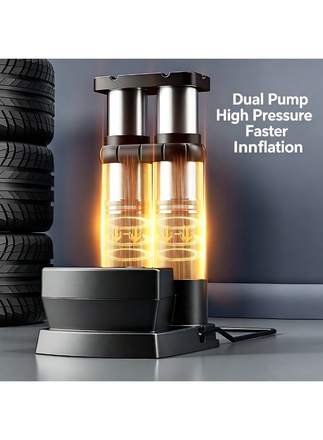 Dual Pump High Pressure Foot Pump, 170PSI Floor Bicycle Pump with Gauge, Compact Portable Tire Inflator with Metal Cylinder, 3-in-1 Valve for Car Motorcycle Bike Ball Pool Toy – Visual Pressure Display，black - Image 2