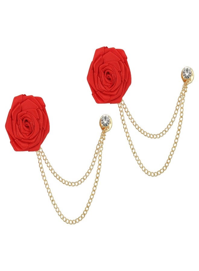 MECCANIXITY Bridegroom Brooches Rose Flower, Size 1.57 inch inch Cloth Alloy Lapel Pin with Tassel Chain/Suit Stud for Wedding Men' Suit Accessories, 2 Count Deep Red - Image 1