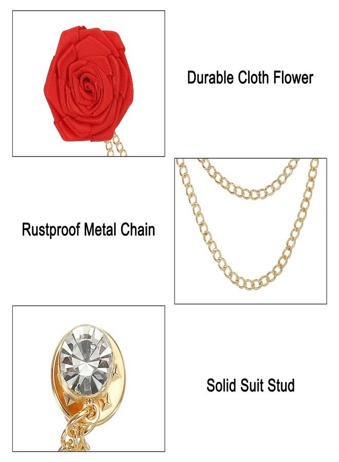 MECCANIXITY Bridegroom Brooches Rose Flower, Size 1.57 inch inch Cloth Alloy Lapel Pin with Tassel Chain/Suit Stud for Wedding Men' Suit Accessories, 2 Count Deep Red - Image 3