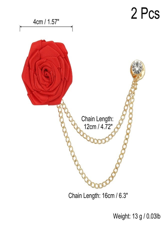 MECCANIXITY Bridegroom Brooches Rose Flower, Size 1.57 inch inch Cloth Alloy Lapel Pin with Tassel Chain/Suit Stud for Wedding Men' Suit Accessories, 2 Count Deep Red - Image 2