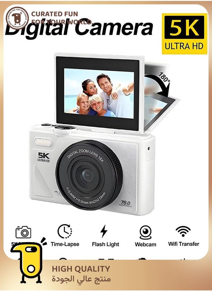 Generic 5K Ultra-High Digital Camera for Photography, 75MP Camera Digital for YouTube with 3" 180° Flip Screen, 18X Digital Zoom Point and Shoot Camara Vlogging Camera with 128GB Micro SD Card,Student Camera Birthday Gift  - Image 1